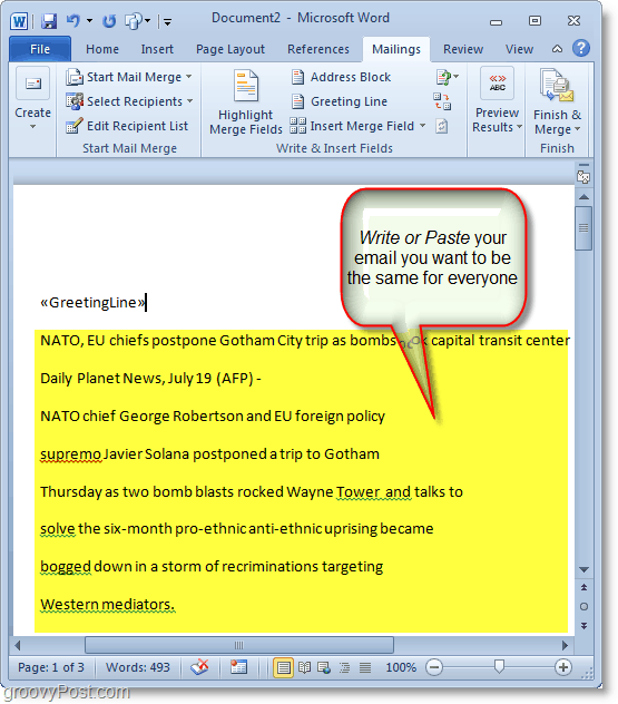 Capture d'écran d'Outlook 2010 - rédigez votre contenu de messagerie de masse