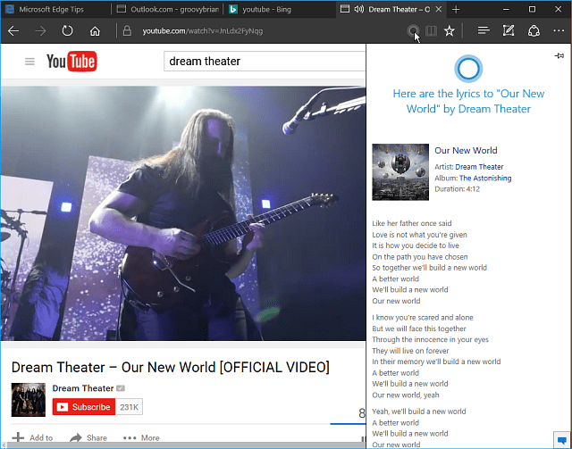 Faire en sorte que Cortana affiche les paroles de clips vidéo YouTube dans Edge