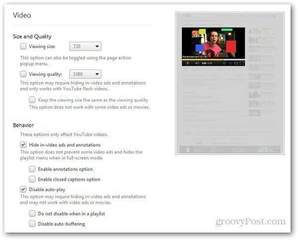 Options YouTube pour Chrome: page Personnaliser les vidéos YouTube