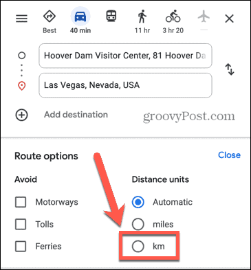 google maps sélectionnez km