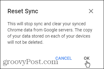 Boîte de dialogue Réinitialiser la synchronisation dans Chrome pour Windows