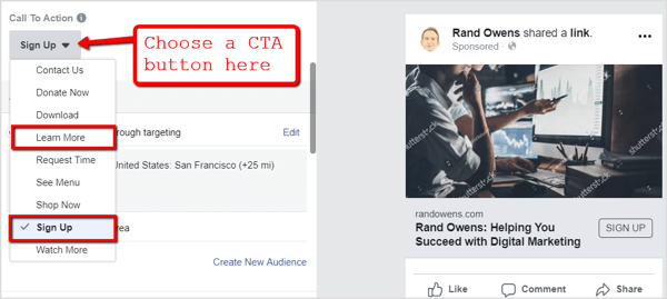 Sélectionnez un bouton d'appel à l'action pour votre campagne publicitaire Facebook.