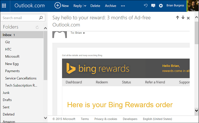 Obtenez Oultook.com sans publicité toute l'année avec les récompenses Bing