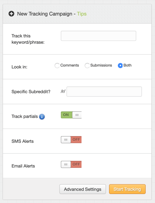 Comment commercialiser votre entreprise sur Reddit, créer la présence de la marque Reddit Étape 1, nouvelle campagne de suivi TrackReddit