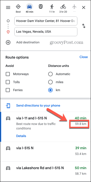 google maps distances en km