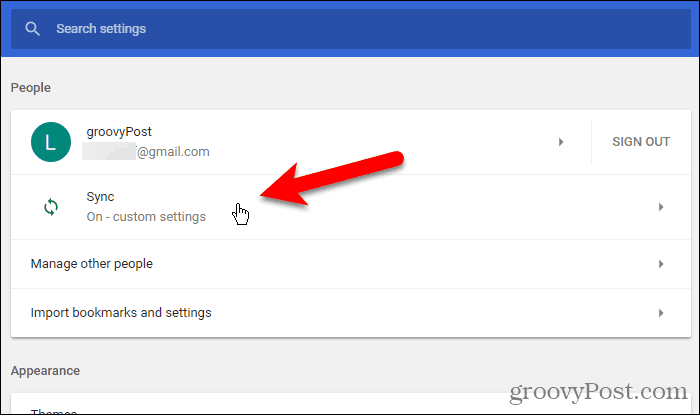 Cliquez sur Synchroniser dans les paramètres de Chrome pour Windows