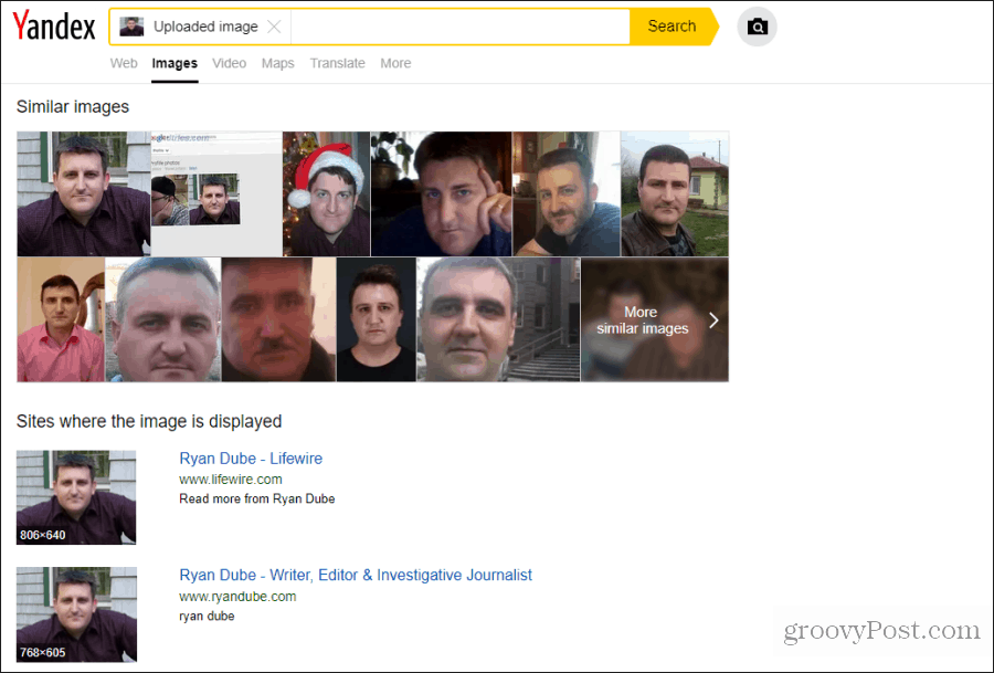 recherche de visage yandex