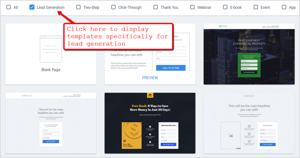 Cochez la case Génération de leads sur la page de sélection de modèles d'Instapage.