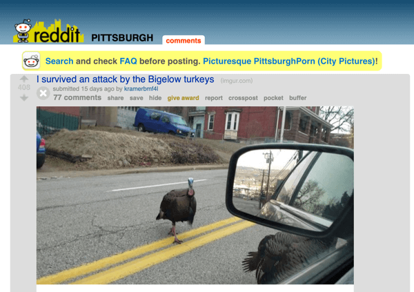 Comment commercialiser votre entreprise sur Reddit, exemple de publication de subreddit r / Pittsburgh