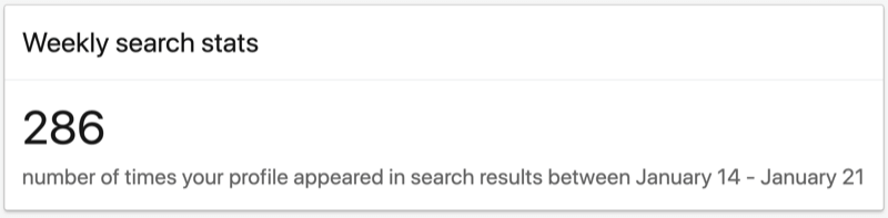 Statistiques de recherche hebdomadaire dans la section Votre tableau de bord du profil personnel LinkedIn