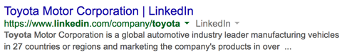 Page de la société toyota linkedin dans les résultats de recherche google