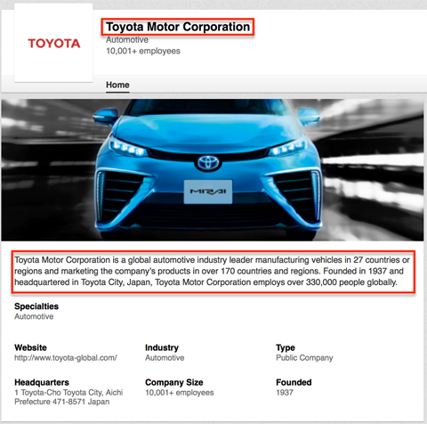 Éléments de la page de l'entreprise toyota linkedin qui s'affichent dans les résultats de recherche Google