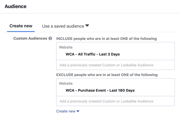 Comment créer des publicités Facebook, étape 5, paramètres d'annonces d'audience personnalisés pour le trafic du site Web